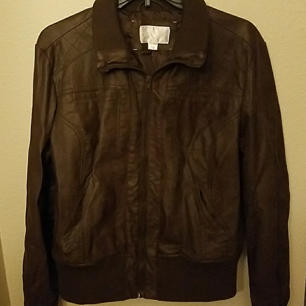 Brown Faux Leather Bomber Style Jacket